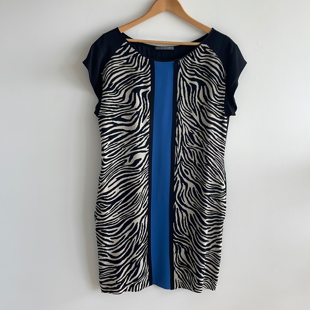 Alberta Ferretti 100% Silk Zebra Patterned Dress with Royal Blue Stripe Size 8
